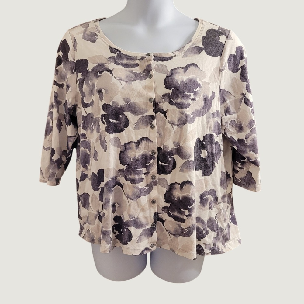 Vintage Y2K Susan Bristol Button Up White Black Floral 3/4 Sleeve Y2k Sz 3x Plus